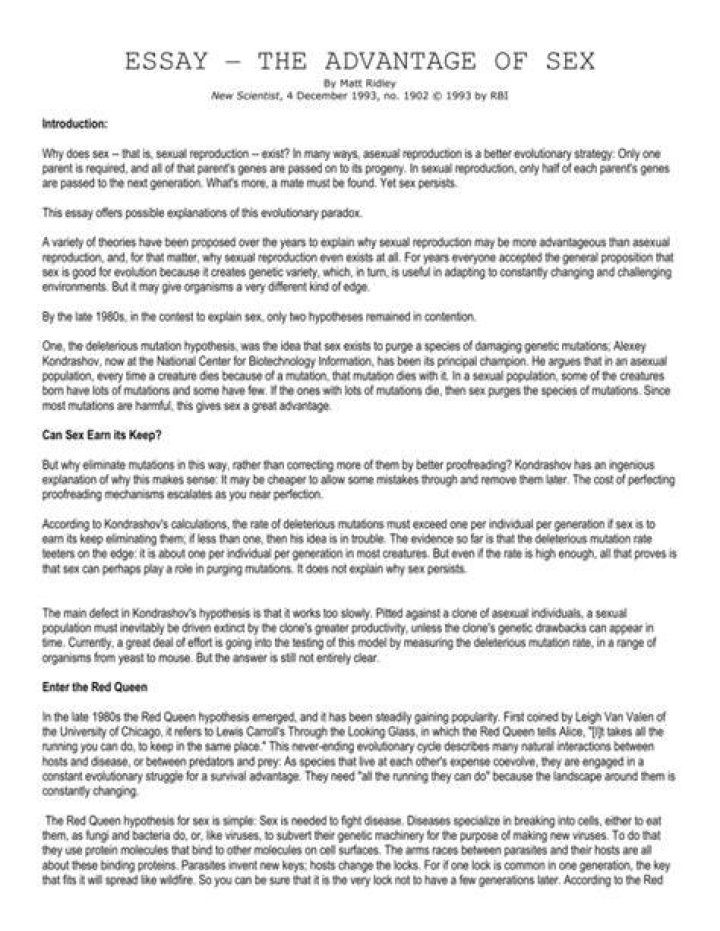 essay: The Advantage of Sex by Matt Ridley