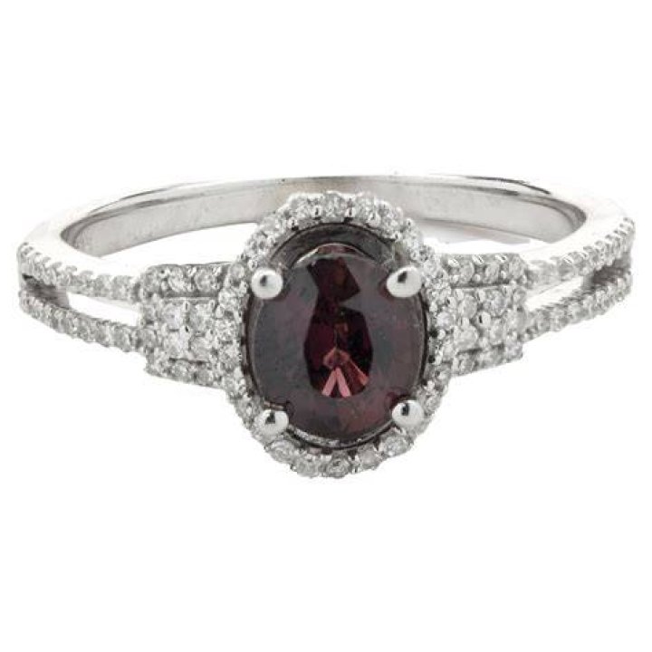 White gold, garnet and diamond single hoop earring White gold, garnet and diamond single hoop earring